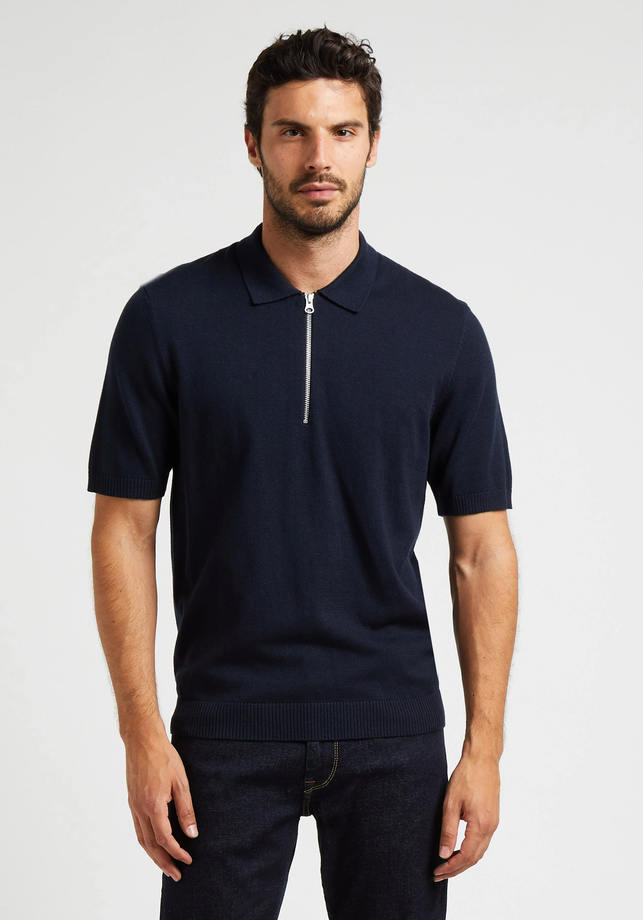 CONAL - Polo col zippé en coton bio mélangé| Bleu