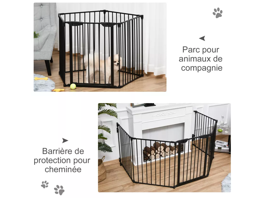 Barrière de sécurité parc enclos chien modulable pliable porte verrouillable intégrée 5 panneaux en métal 300L max. x 74,5H cm métal PP noir