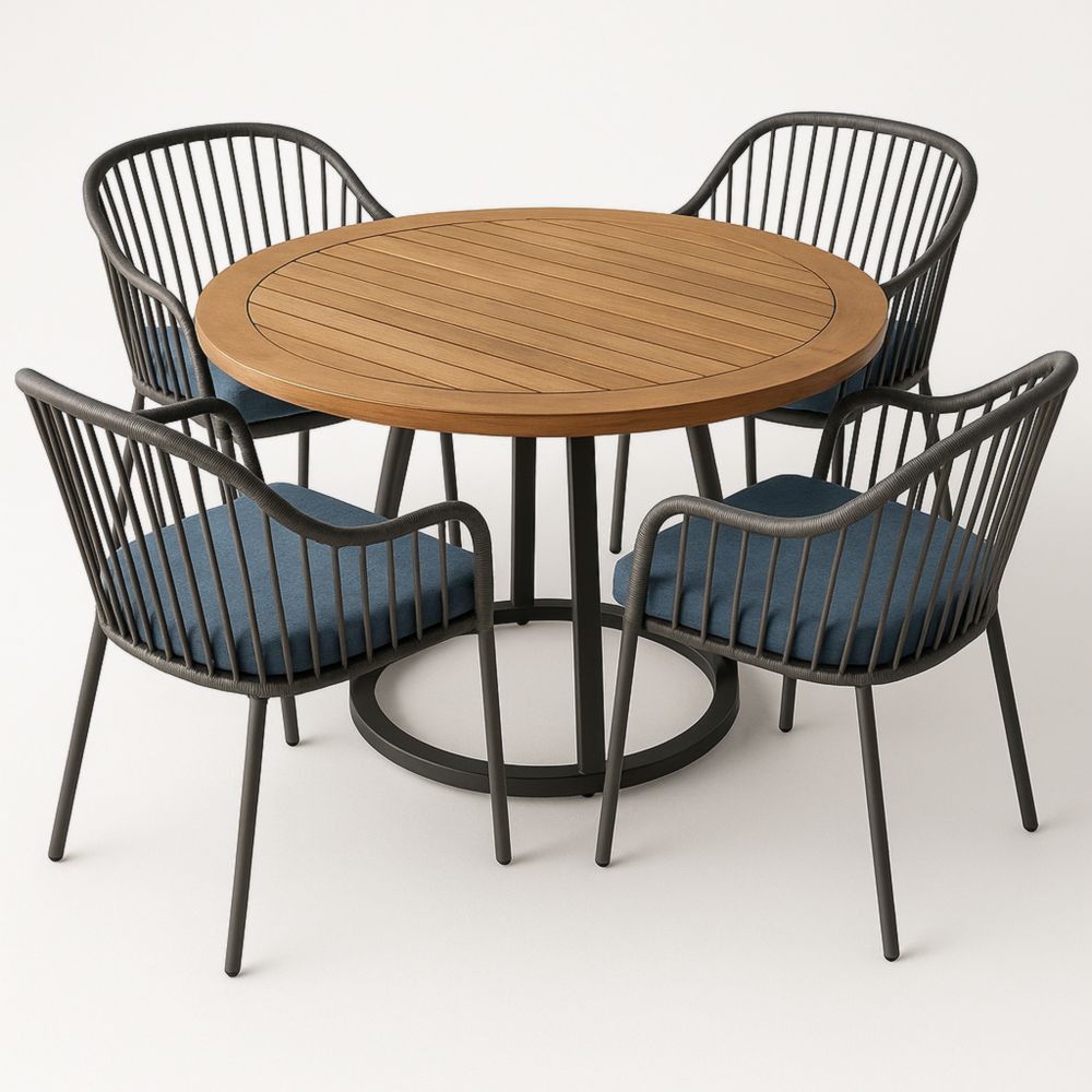 Runder Esstisch Set mit 4 Stühlen aus Teakholz und Aluminium, Durchmesser 120 cm, Tischhöhe 75 cm