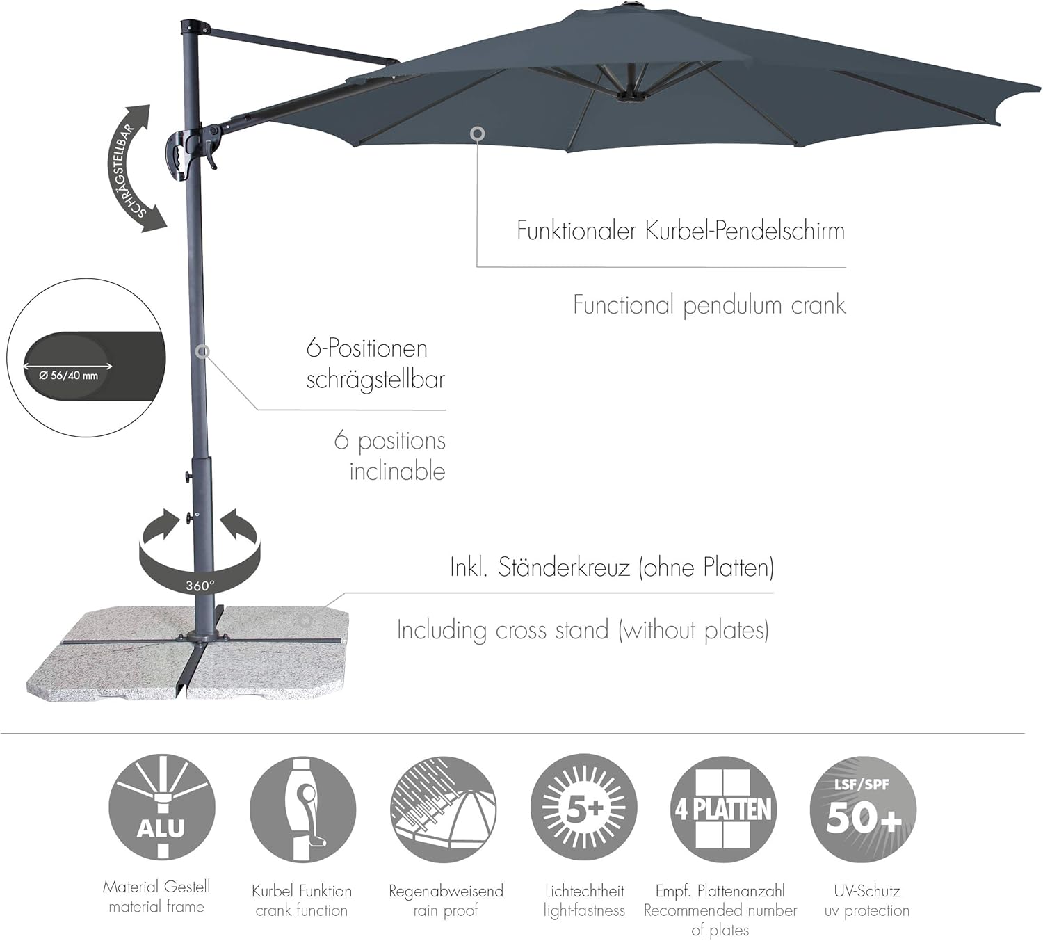 derby Ravenna Smart 300 – Hochwertiger Ampelschirm ideal für Garten und Terrasse – Neigbar – ca. 300cm