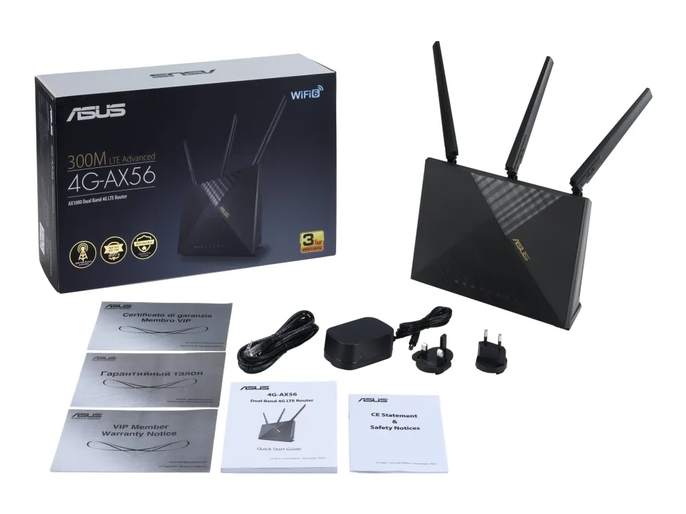 ASUS 4G-AX56 - Trådløs router - WWAN 4-port switch - 1GbE - Wi-Fi 6 - Dual Band eftersyn ikke inkluderet