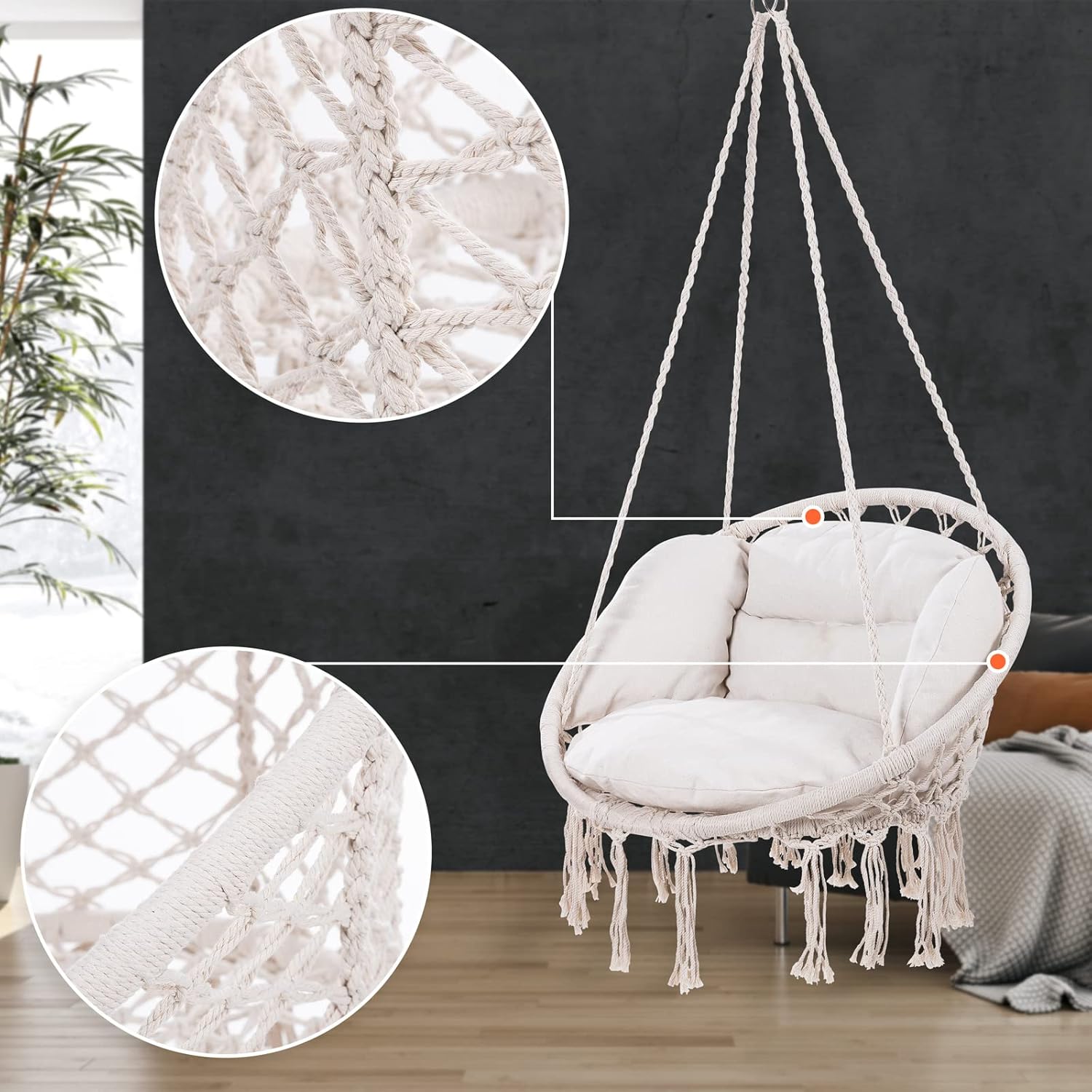 DETEX® Hängesessel bis 150kg Belastbar Boho Stil Wetterfest GS-Zertifiziert Garten 360° Drehbar Creme Hängestuhl Indoor & Outdoor inkl. bequemer Kissen
