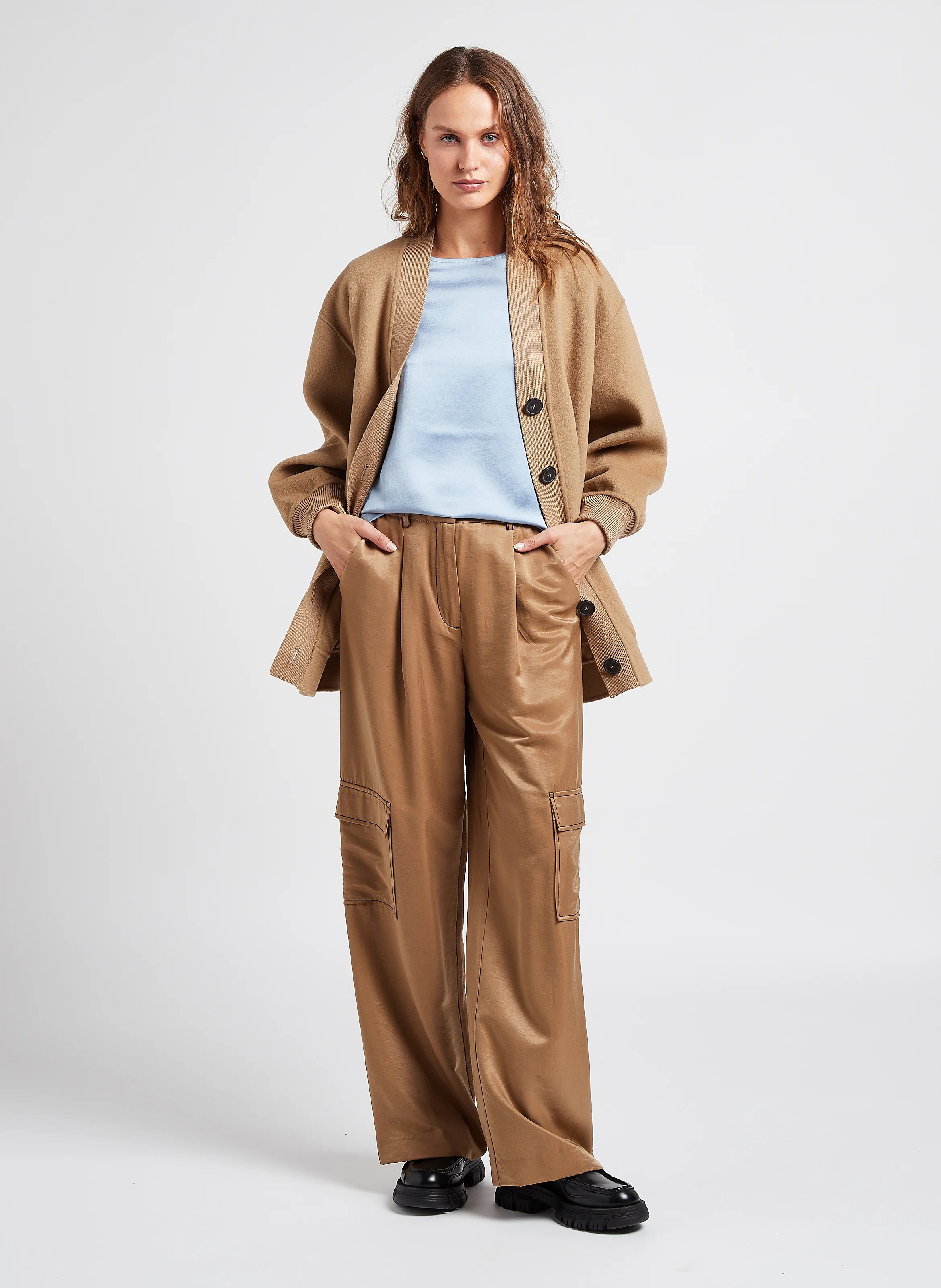 CILIE - Pantalon large satiné| Marron
