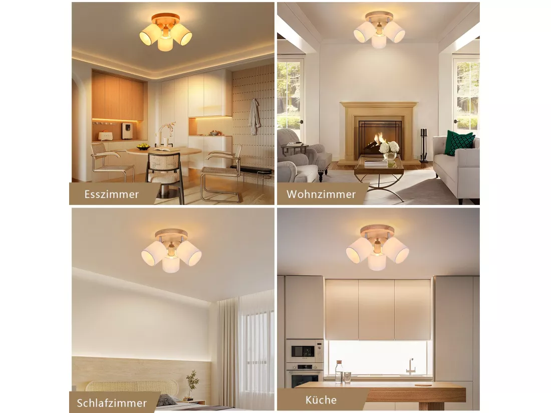 NETTLIFE Spot de plafond 3 Ampoules rond bois Plafonnier LED E14 spot inclinable 350°
