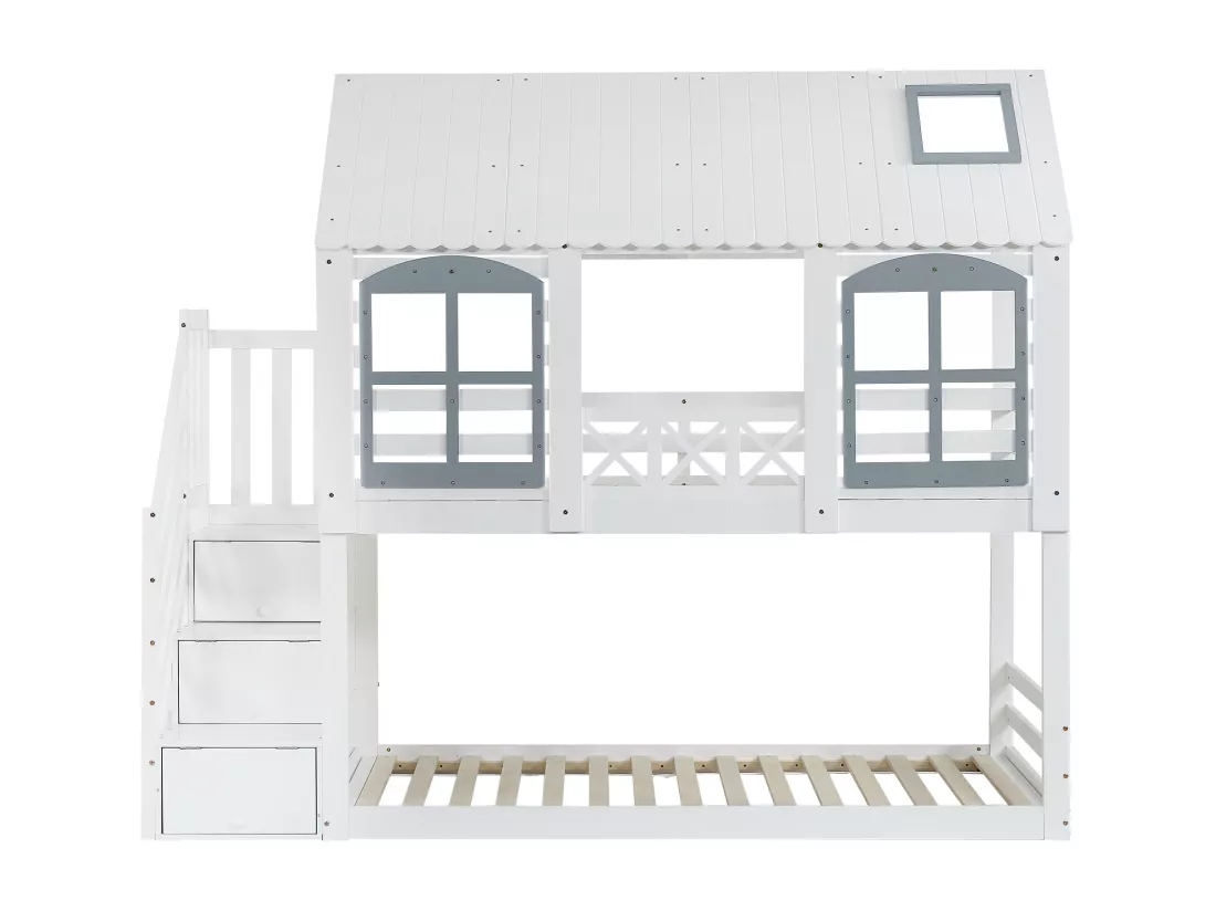 Lit superposé, lit d'enfant avec toit et fenêtre, porte de sécurité, pin + MDF, blanc + gris, 90x200 cm
