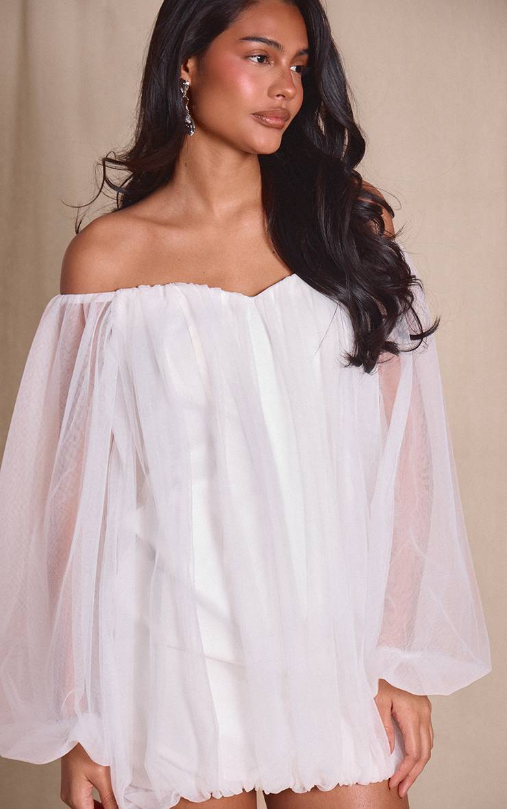 Blanc Mini Robe Bardot Bouffante En Organza Premium