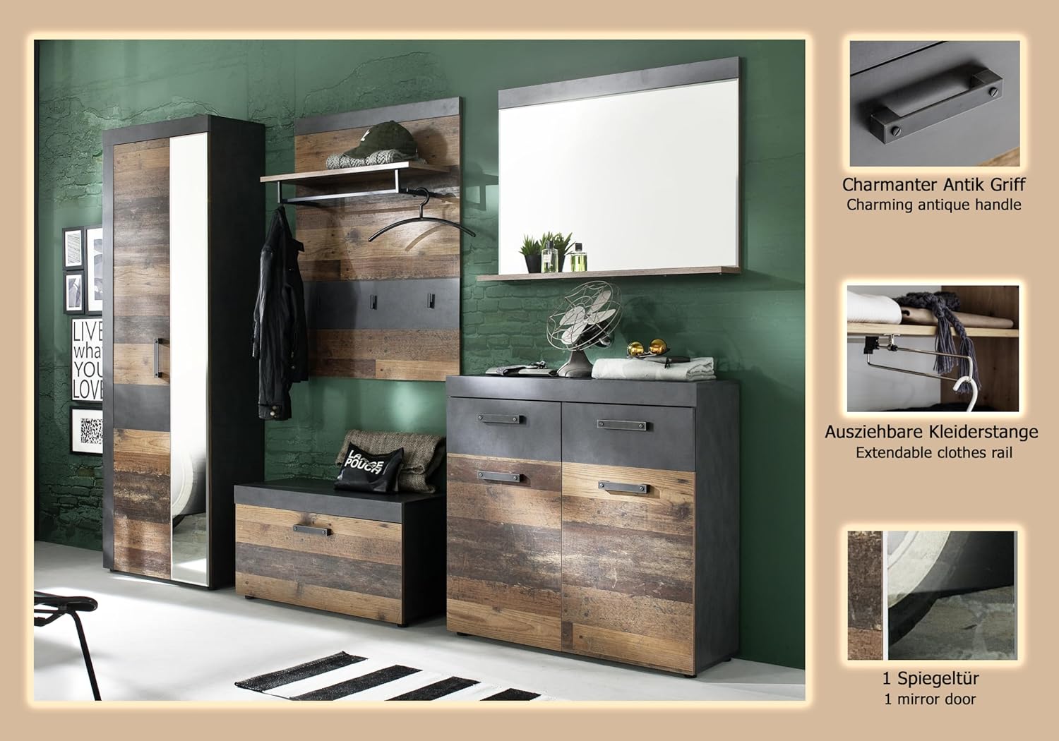 trendteam smart living - Indy - Garderobenkombination - Eiche/Grau - Garderobenschrank, Sitzbank, Paneel, Schuhschrank, Spiegel - (BxHxT) 265 x 192 x 37 cm - antikfarbene Griffe