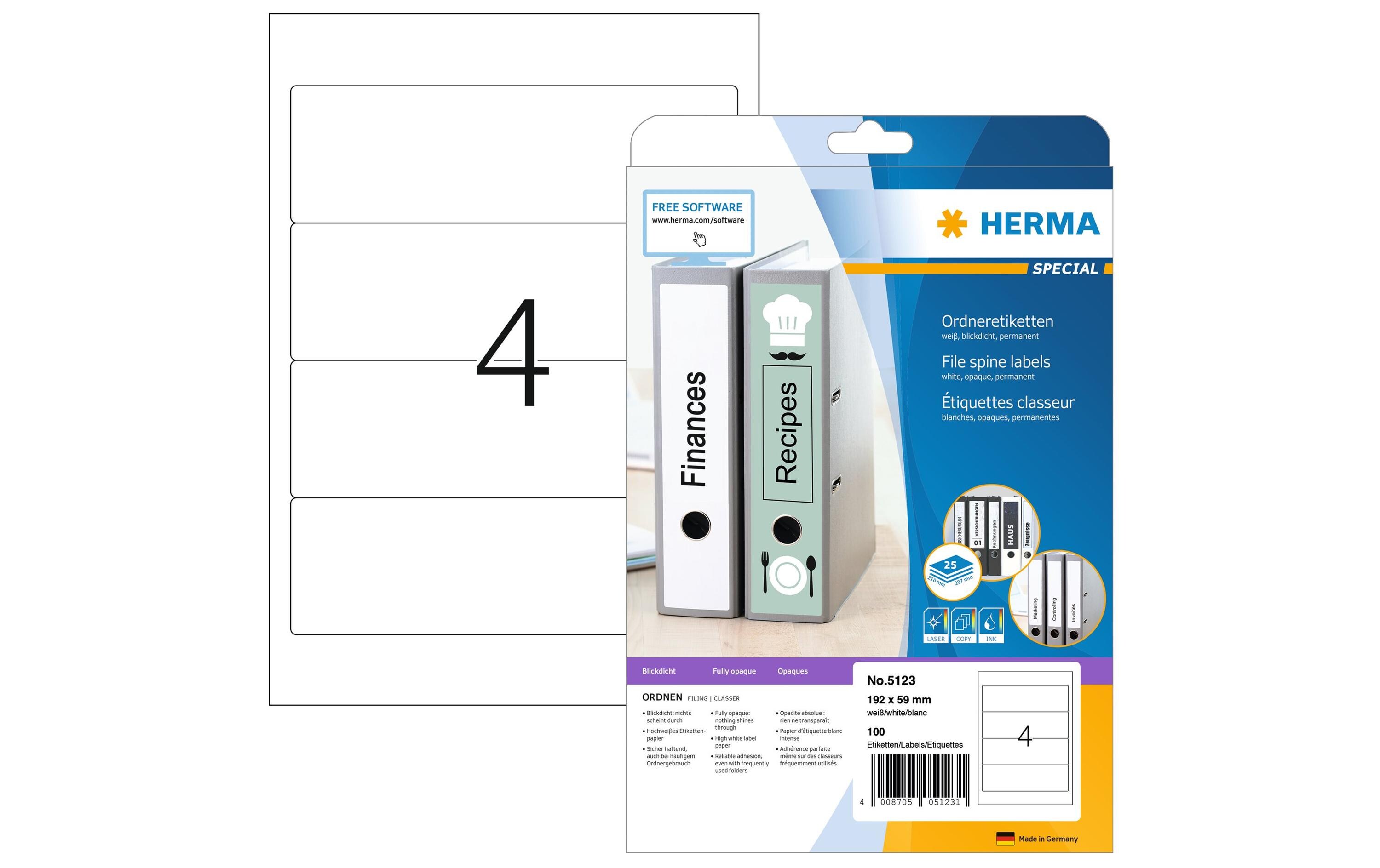 Ordneretiketten 5123 192 x 59 mm permanent, WeissOrdneretiketten A4, 192 x 59 mm permanent