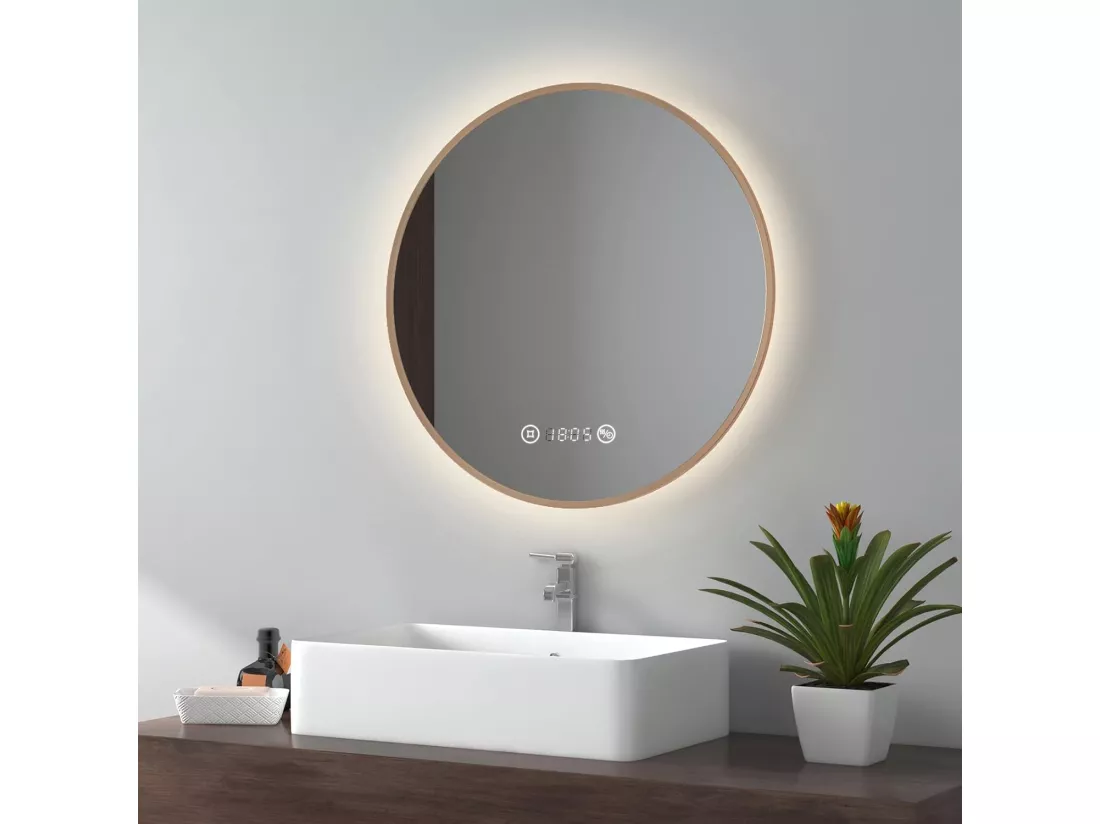 EMKE Miroir lumineux salle de bain rond diamètre 60cm Cadre Doré, Miroir LED, Interrupteur Tactile, Anti-buée, Horloge et Temperature, Lumière Neutre