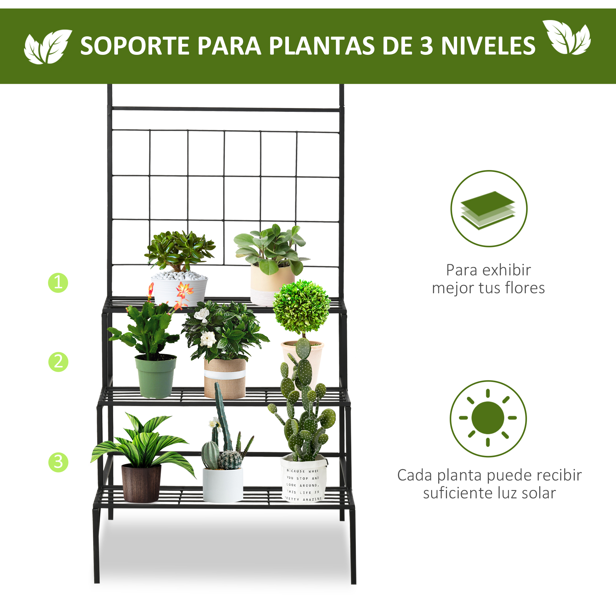 Suporte de metal para plantas Outsunny, com 3 prateleiras, ideal para jardins e varandas externas, 60x53,5x159,5 cm, preto.