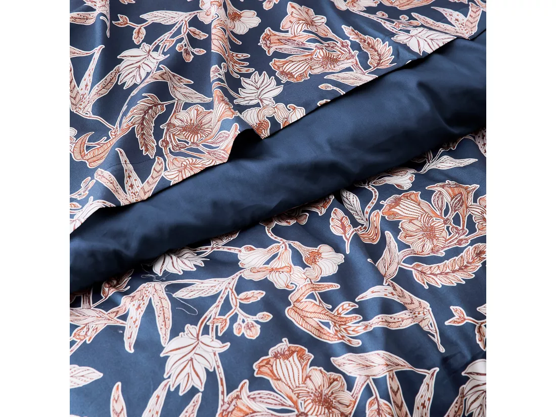 Housse de couette 200x200 cm satin de coton BOTANIC bleu Nuit