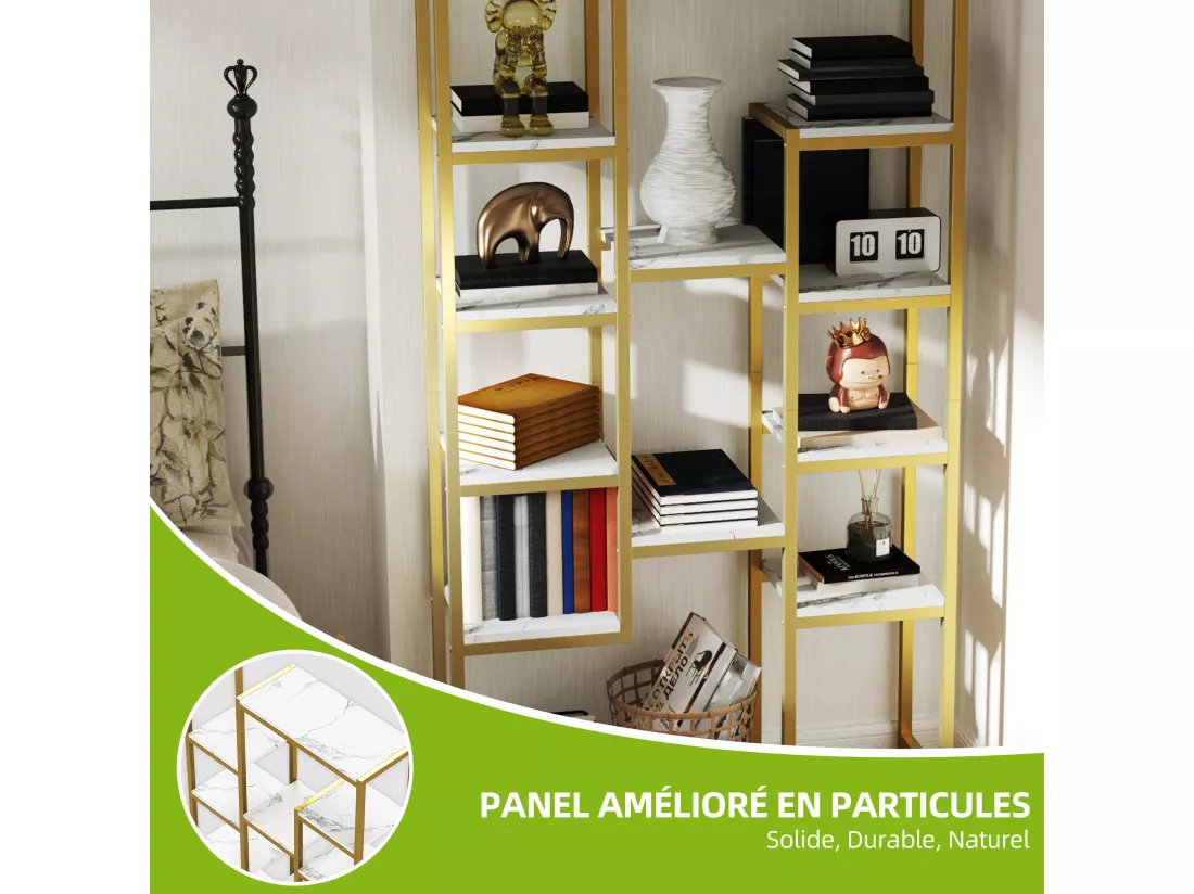 YITAHOME Bibliothèque à 6 Niveaux, Étagère Moderne avec 12 Pièce, Rangement Ouvertes pour maison, Or et Blanc