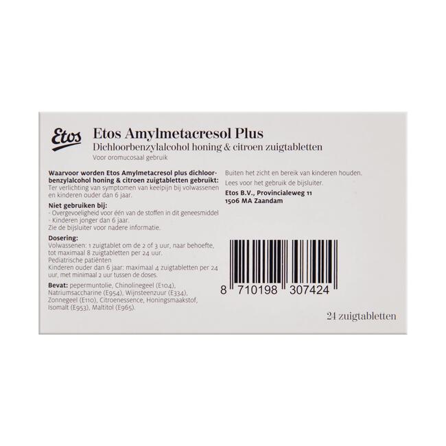 Etos Honing & Citroen zuigtablet, Amylmetacresol Plus Dichloorbenzylalcohol