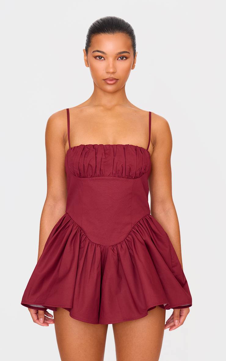 Rouge Bordeaux Combi-short Tissé À Bretelles Avec Taille Échancrée