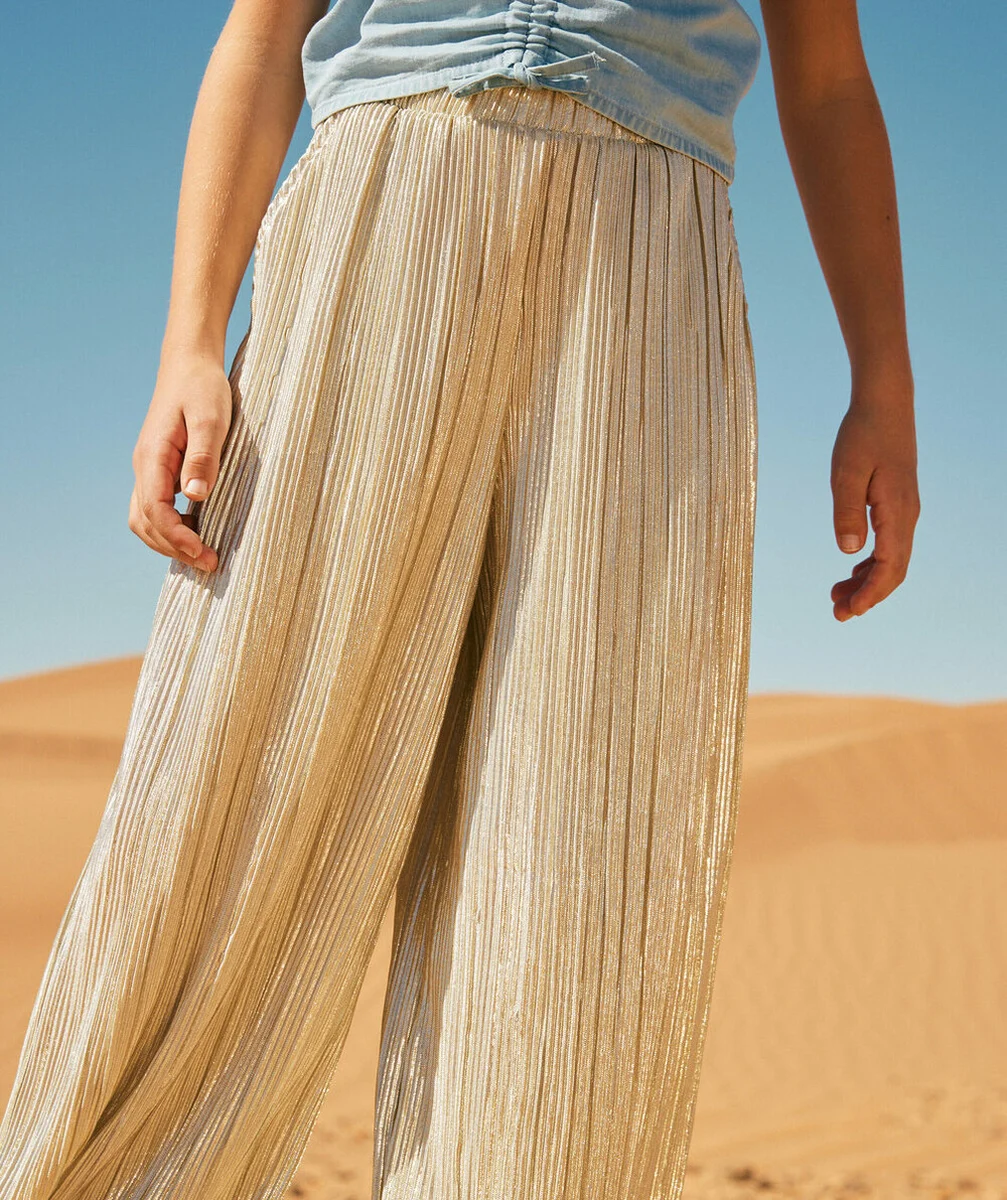 PANTALON LARGE FILLE PLISSÉ COULEUR DORÉE PAILLETÉ