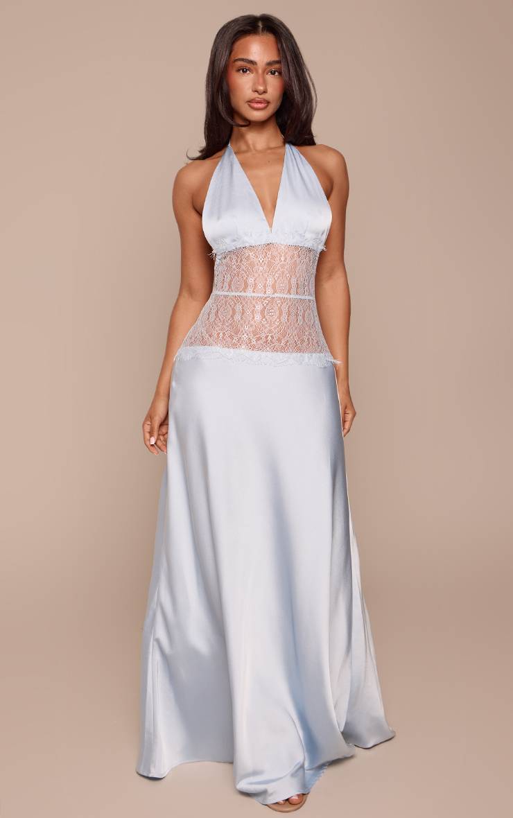 Bleu Layette Robe Maxi En Satin Petite Avec Taille Ajourée En Dentelle Et Liens À Nouer