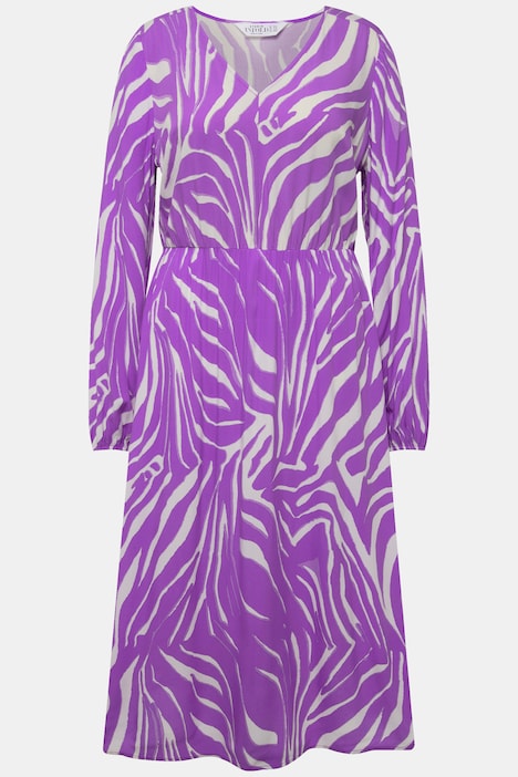 Midikleid, A-Line, Zebra-Print, V-Ausschnitt, Langarm