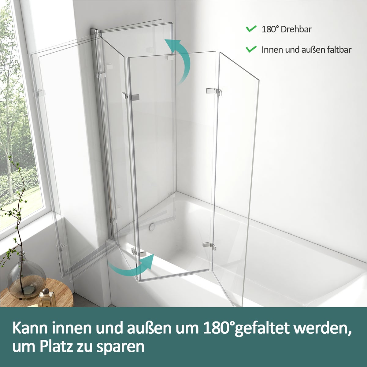 EMKE 3-delige douchewand voor badkuip, opvouwbare badwand, 120x140cm, opvouwbaar, 6mm veiligheidsglas met nanocoating, opvouwbare douchewand, rechts of links monteerbaar