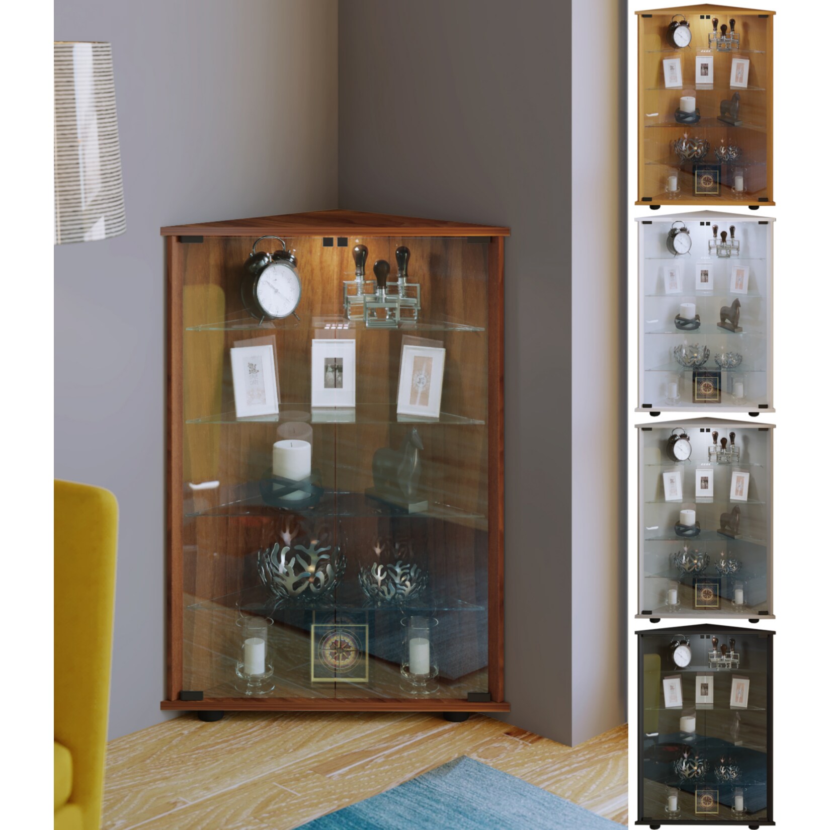 VCM Holz Glas Vitrine Sammelvitrine Glasvitrine Eckvitrine Standvitrine Vecko L