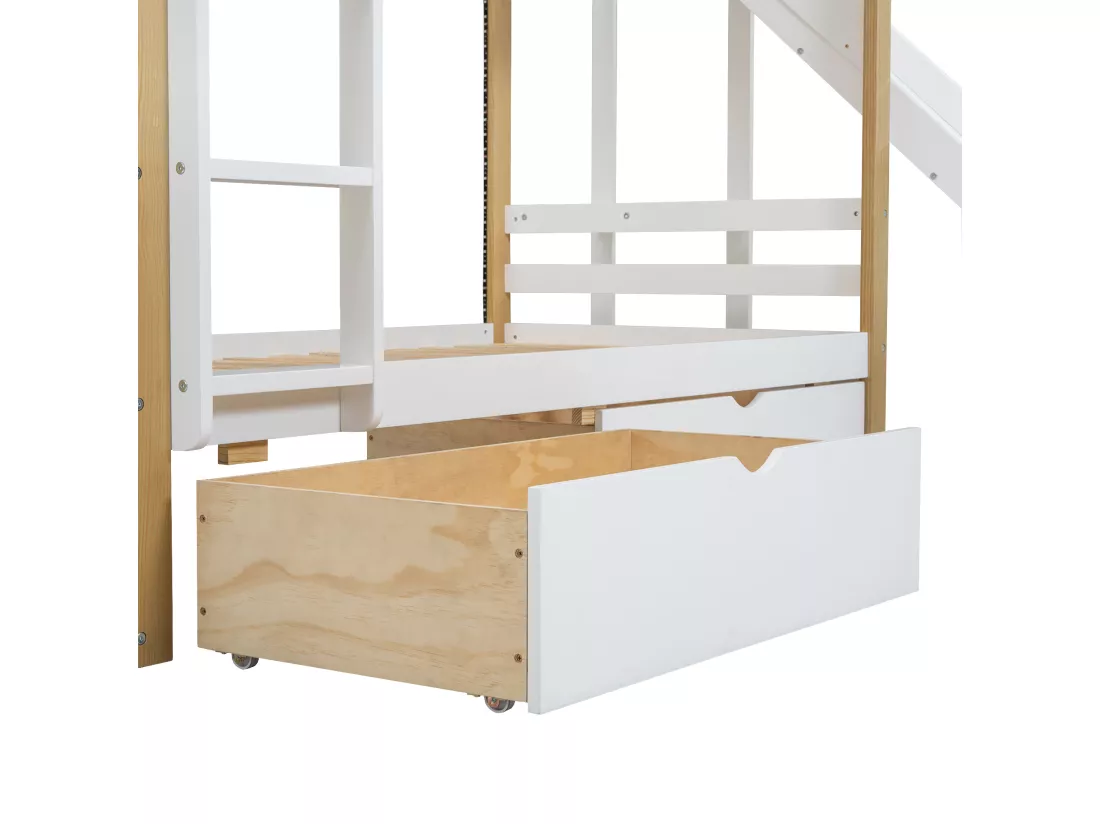 Lit superposé 90x200 cm - en bois de pin et MDF - avec LED, 2 tiroirs, échelle et toboggan - Blanc