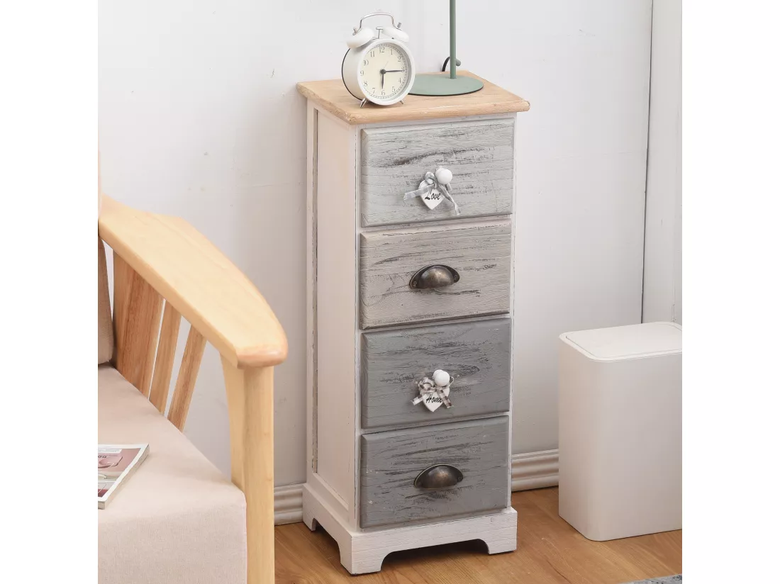 Chiffonnier Chevet 4 Tiroirs Bois Blanc Gris Shabby 72x29x25