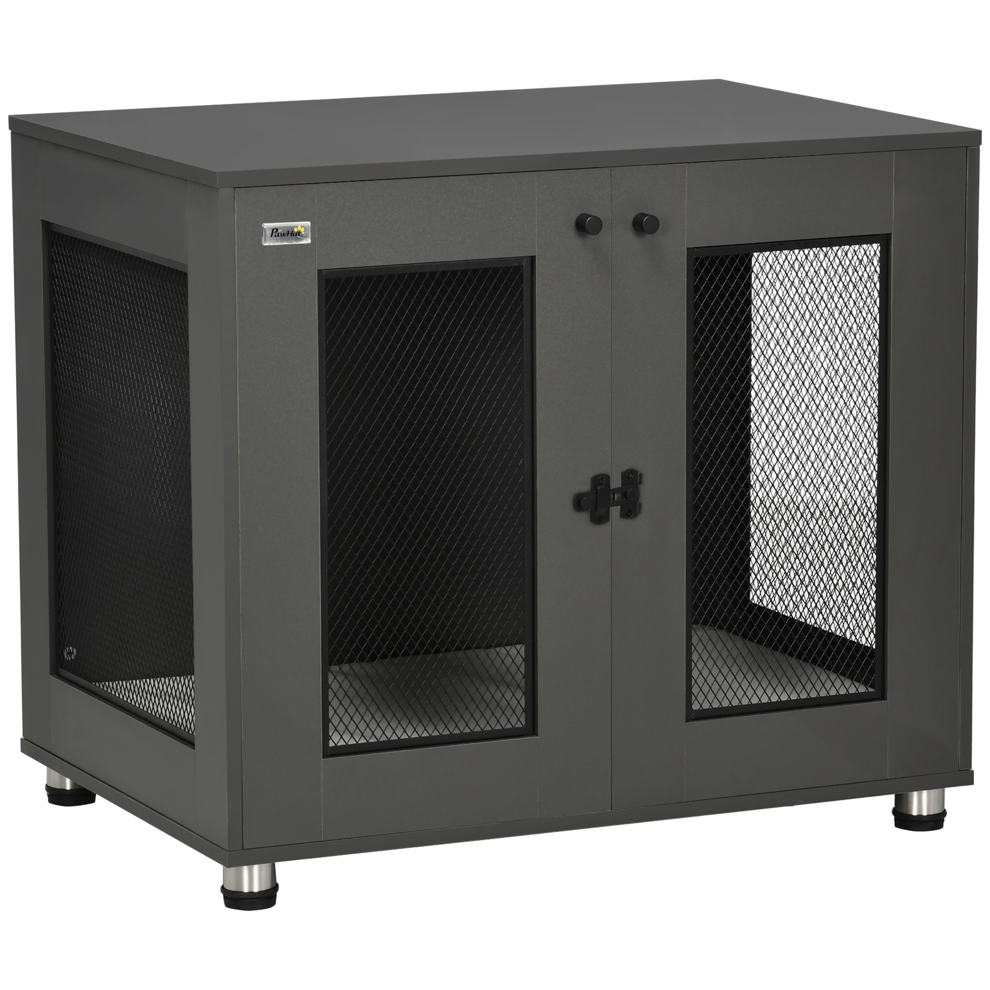 Gaiola para cães PawHut tamanho médio com mesa lateral, 80x55x70 cm, com 2 portas com fecho, almofada removível em tecido Oxford e grades de aço, canil para uso interno, cinza.