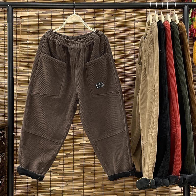 Angel Love - Elastische taille, effen paneel, fleecevoering, corduroy cropped, taps toelopende broek