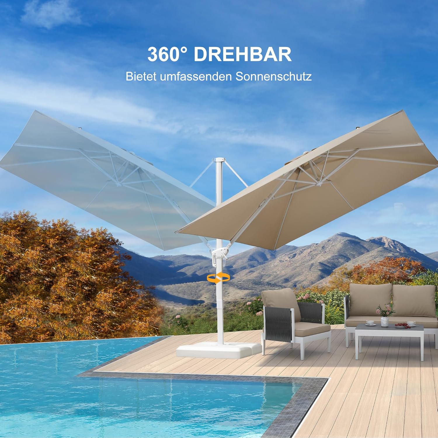 PURPLE LEAF Ampelschirm 300 x 300 cm Sonnenschirm groß, 360° Drehbar, Aluminium Gestell in Weiß, für Garten Terrasse Markt, UV-beständig, Beige