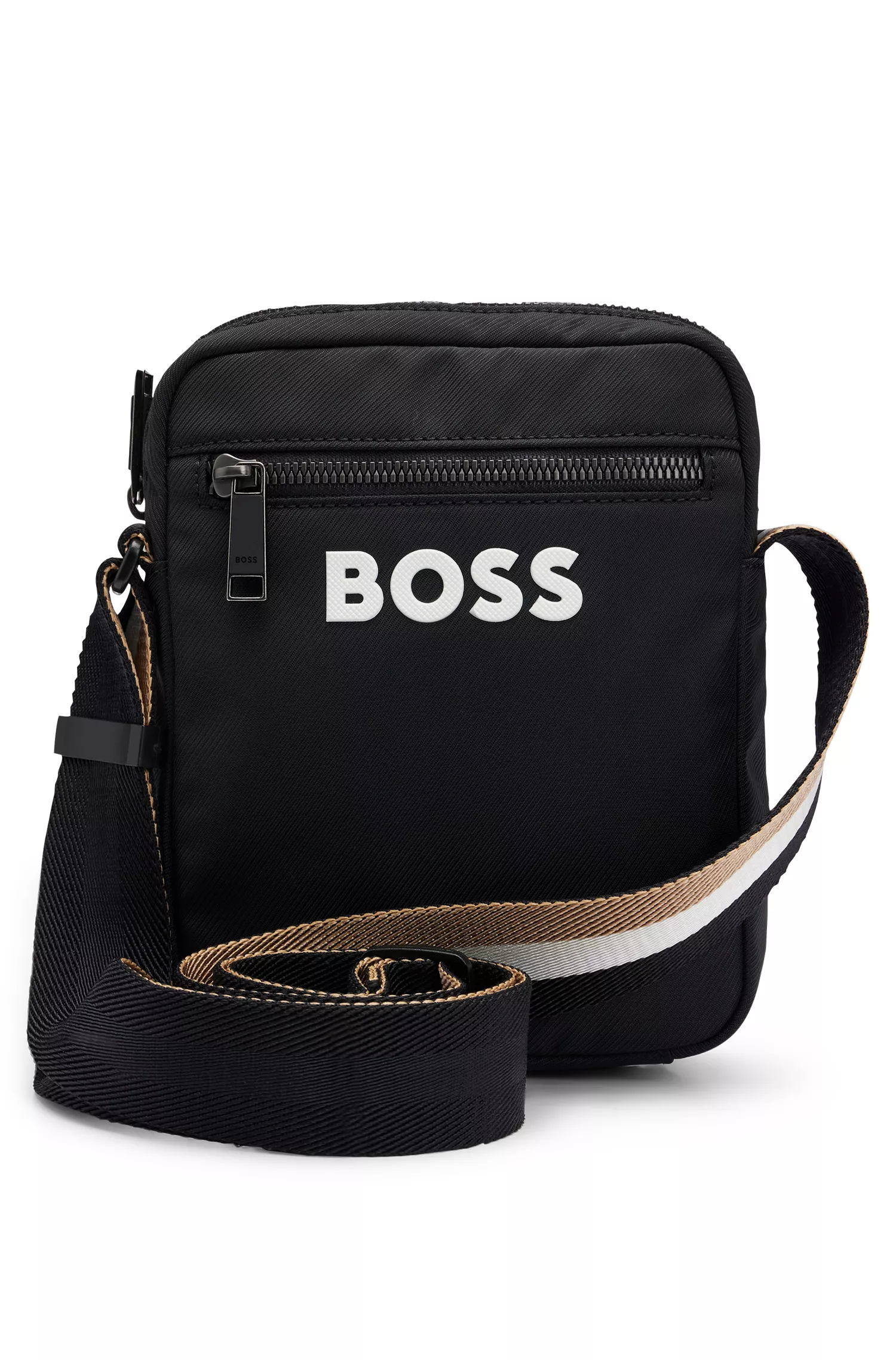 Bolsa transversal BOSS com logo em contraste preto e alça listrada exclusiva.