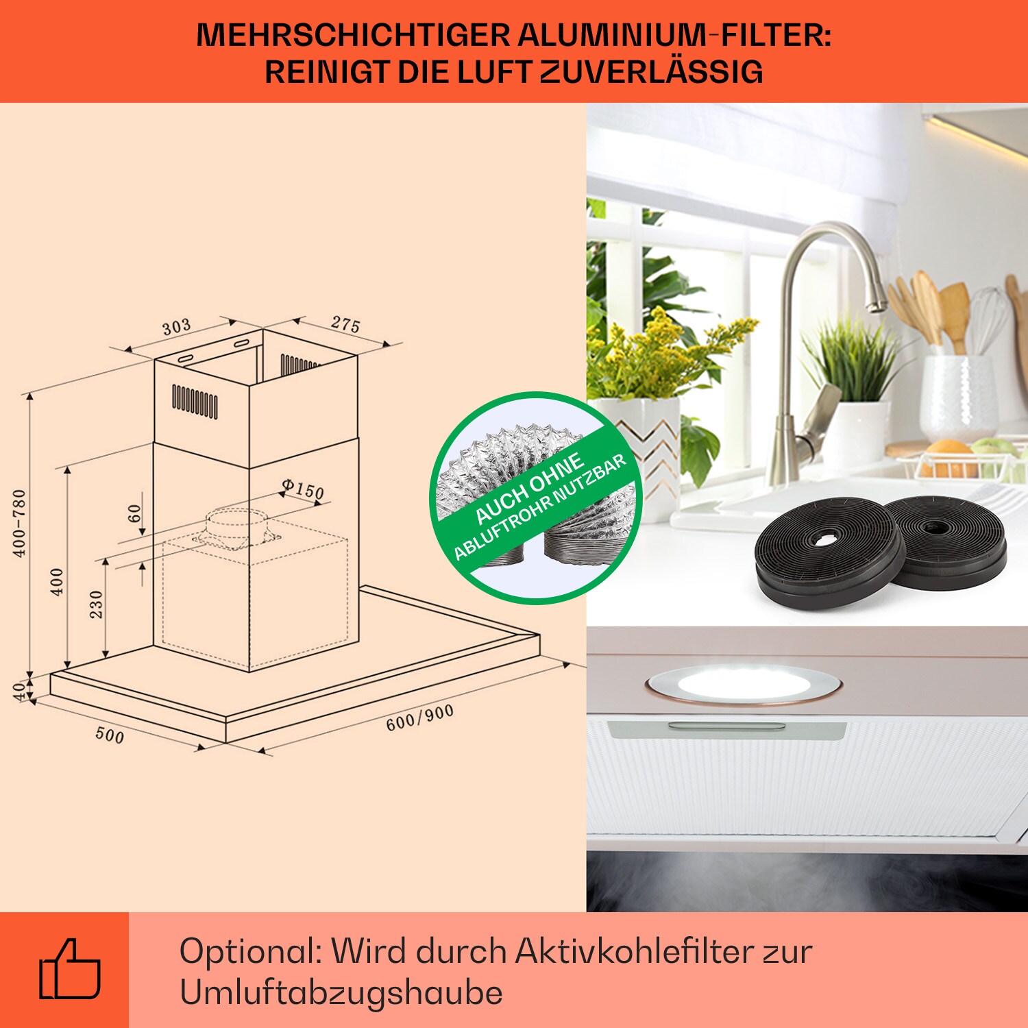 Limelight Dunstabzugshaube 90cm Wandhaube 600m³/h