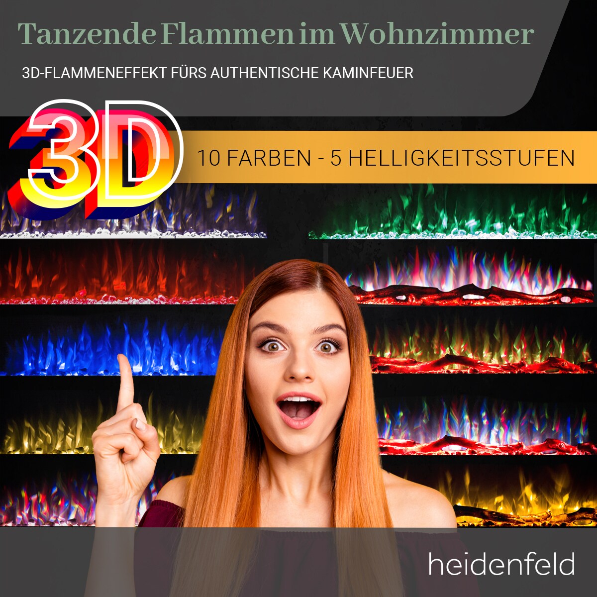 Heidenfeld Elektrokamin HF-WK200, 6 Größen, weiß/schwarz, Wandeinbau, 3D-Flammeneffekt in 10 Farben (Schwarz, 92 x 55 cm)