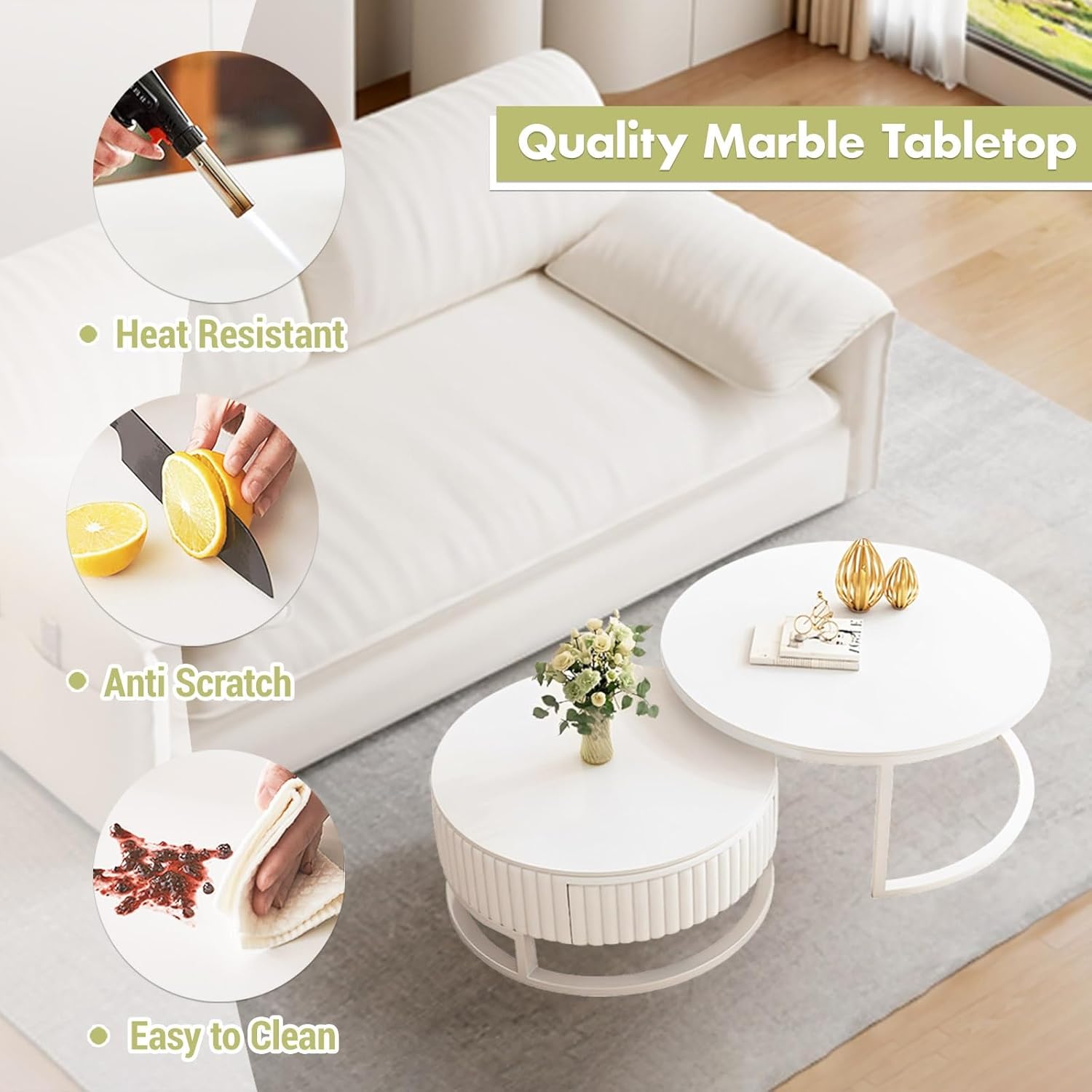 Runder Couchtisch Weiss 2er Set Marmor Couchtisch Rund Mit Stauraum 50+70cm Satztische Fürs Wohnzimmer Modern Couch Tisch Wohnzimmer Weiß Couchtische Holz Schublade Stabiler Metallrahmen