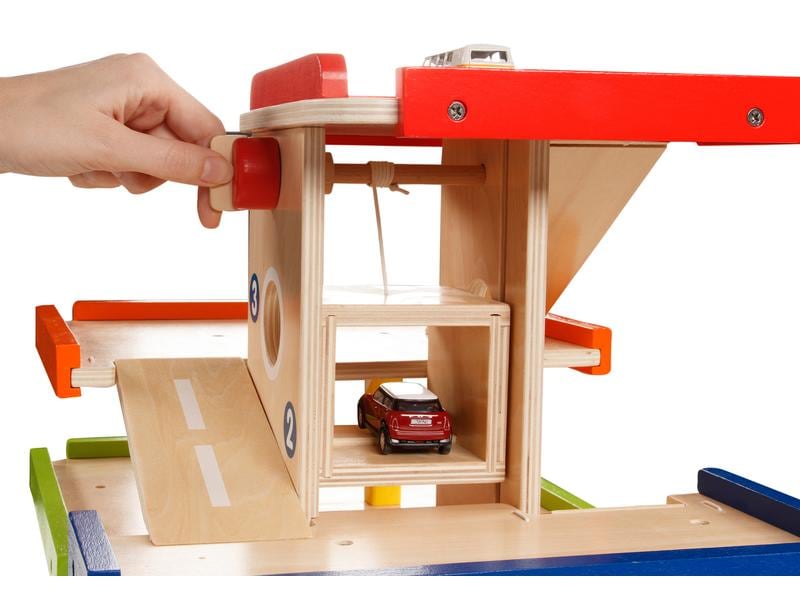 Goki Spielzeuggarage Parkhaus aus Holz 3 Stöckiges Parking für Spielzeugfahrzeuge