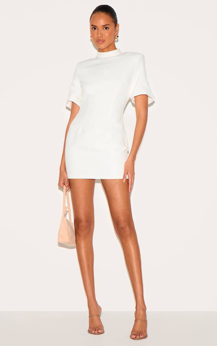 Blanc Robe Mini Cintrée Dos Nu En Tissu Tissé