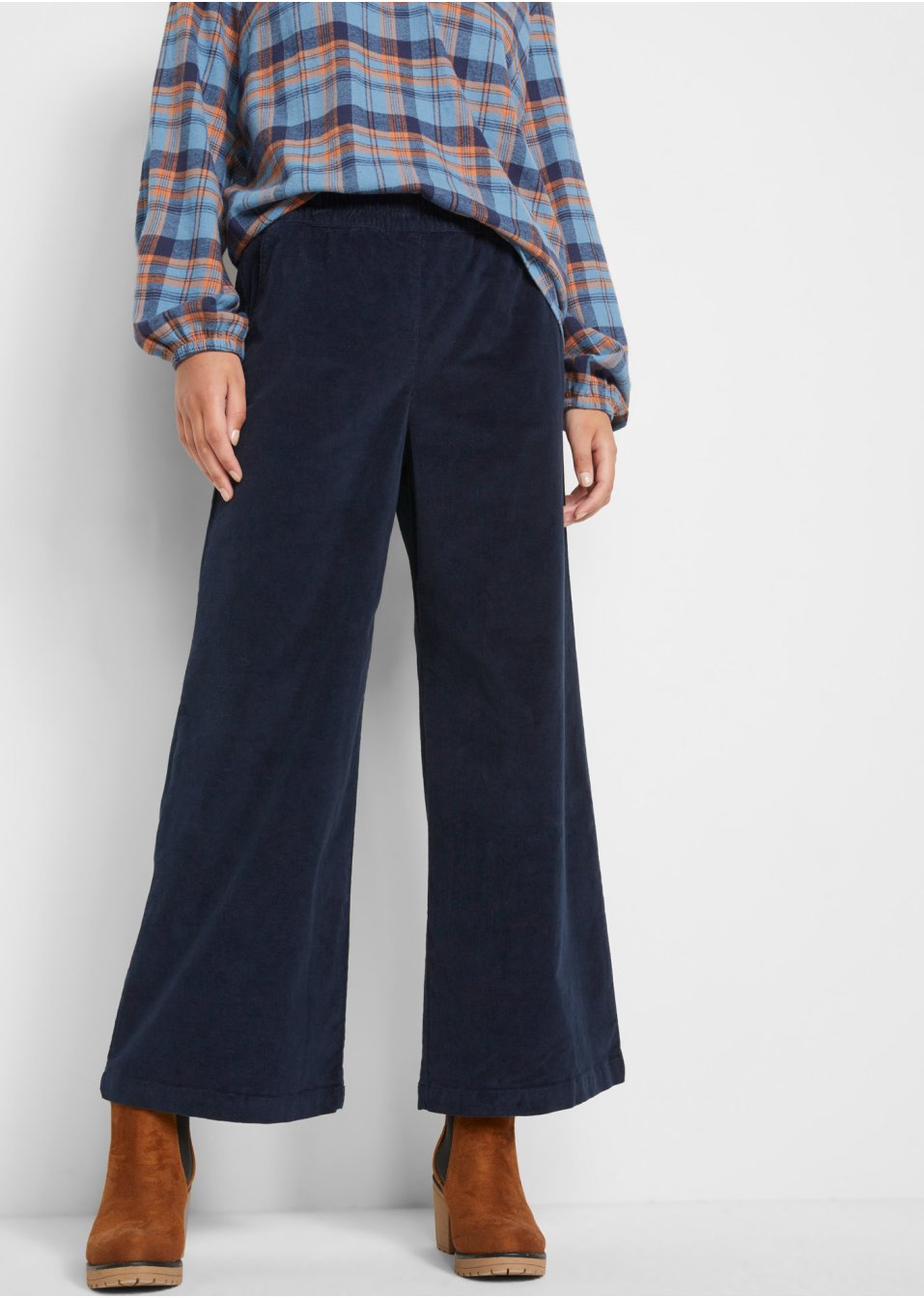 Pantalon large en velours côtelé avec taille haute confort, longueur cheville