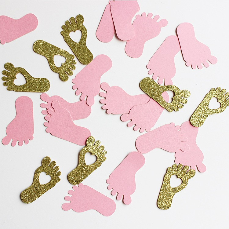 (100er Set) 40x22mm Konfetti Baby Shower Footprint Streukonfetti Gender Reveal Party Tischdeko - Rosa / Gold