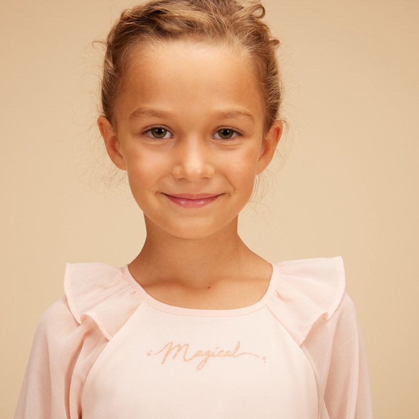 Robe manches longues unie en crêpe pour fille - Rose
