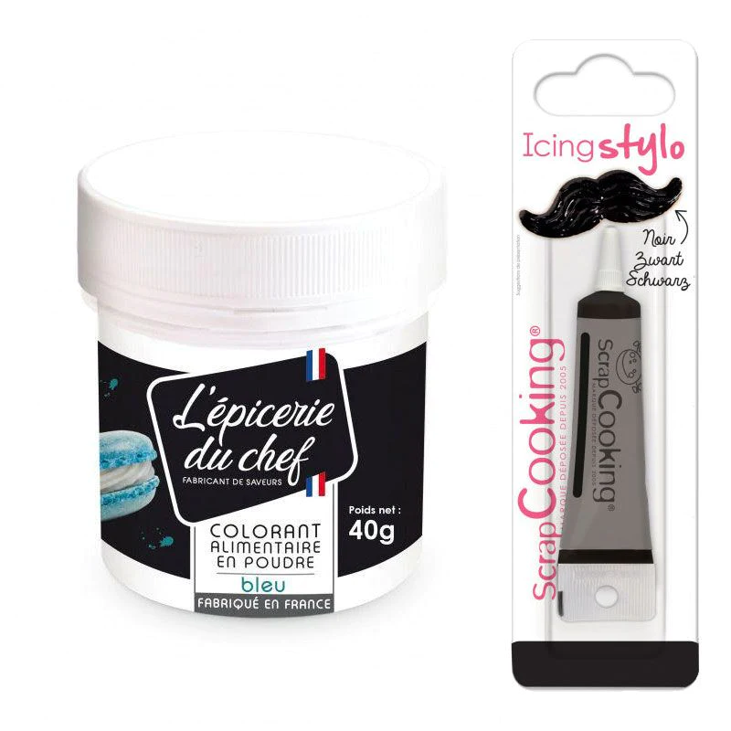 Colorant alimentaire en poudre bleu 40 g + Stylo glaçage noir Scrapcoo