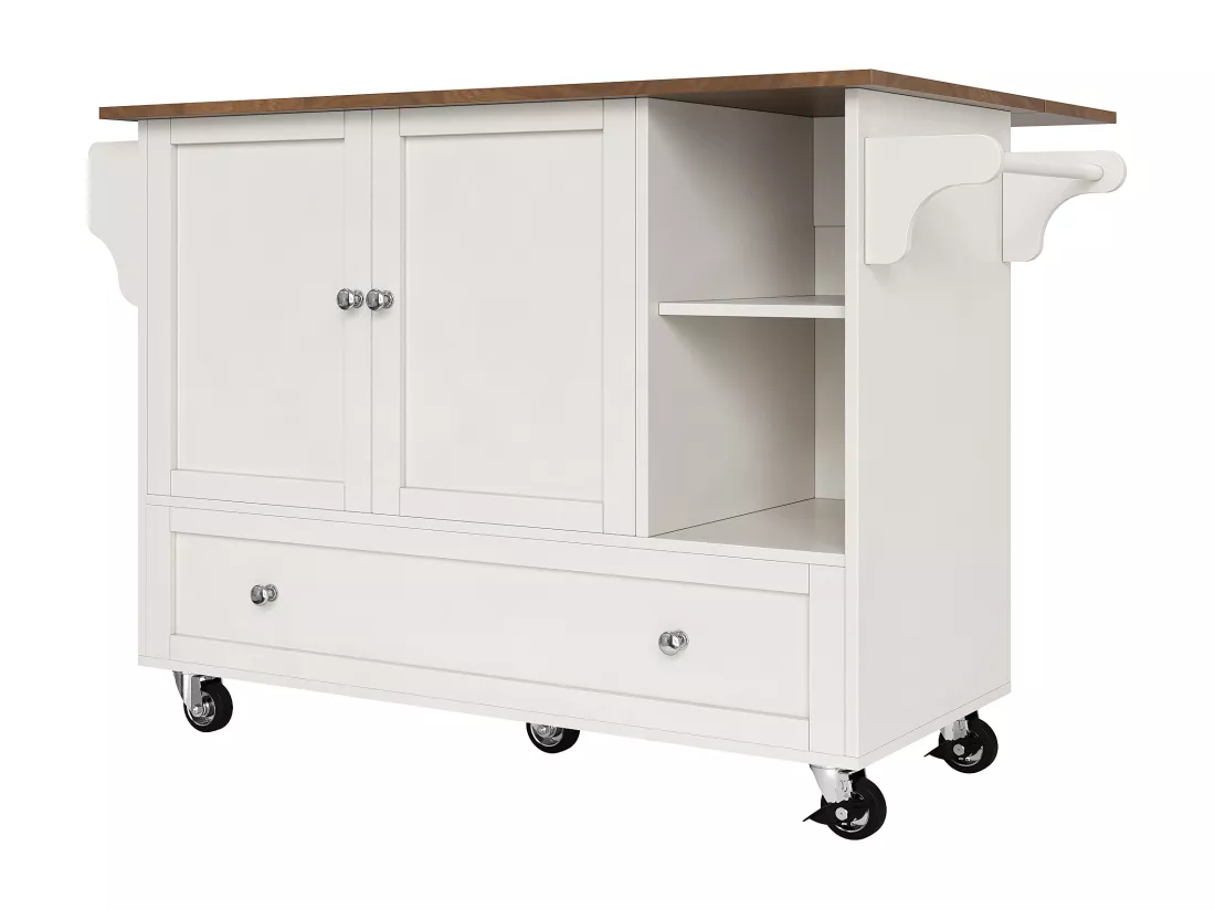 Ilot central de cuisine - chariot à roulette avec plateau extensible - 1 tiroirs et 2 portes - Blanc