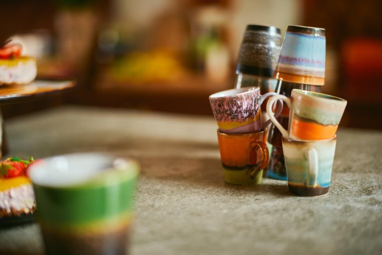 HKliving 70's Ceramic espresso kopjes set van 4 funky