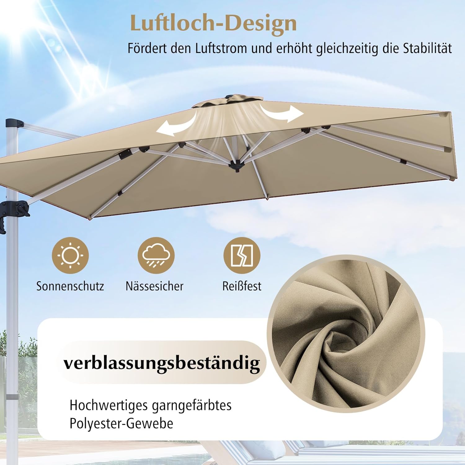 COSTWAY Sonnenschirm rechteckig 300 x 300 cm, großer Ampelschirm mit Kurbel, Gartenschirm neigbar, 360° drehbar, Terrassenschirm, Marktschirm für Garten, Terrasse, Balkon (Beige)