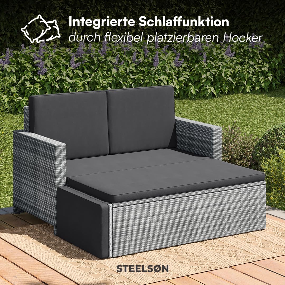 STEELSØN Gartenbank Elnath aus Polyrattan, Gartensofa für 2 Personen mit Liegefunktion und Hocker 2er Sofa mit Polster wetterfest, Terrassenmöbel in grau-meliert/anthrazit 73x65x130 cm (HxTxB)