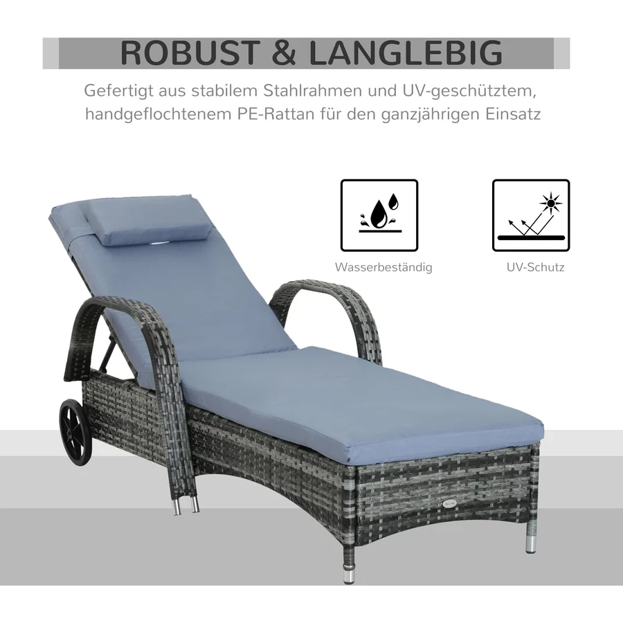 Outsunny Mobile Rattanliege für den Garten grau, blau