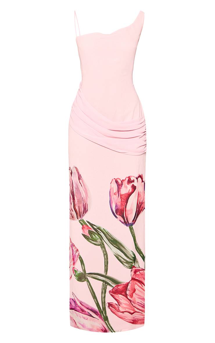 Rose Robe Longue À Imprimé Floral Avec Bustier Et Détail Drapé