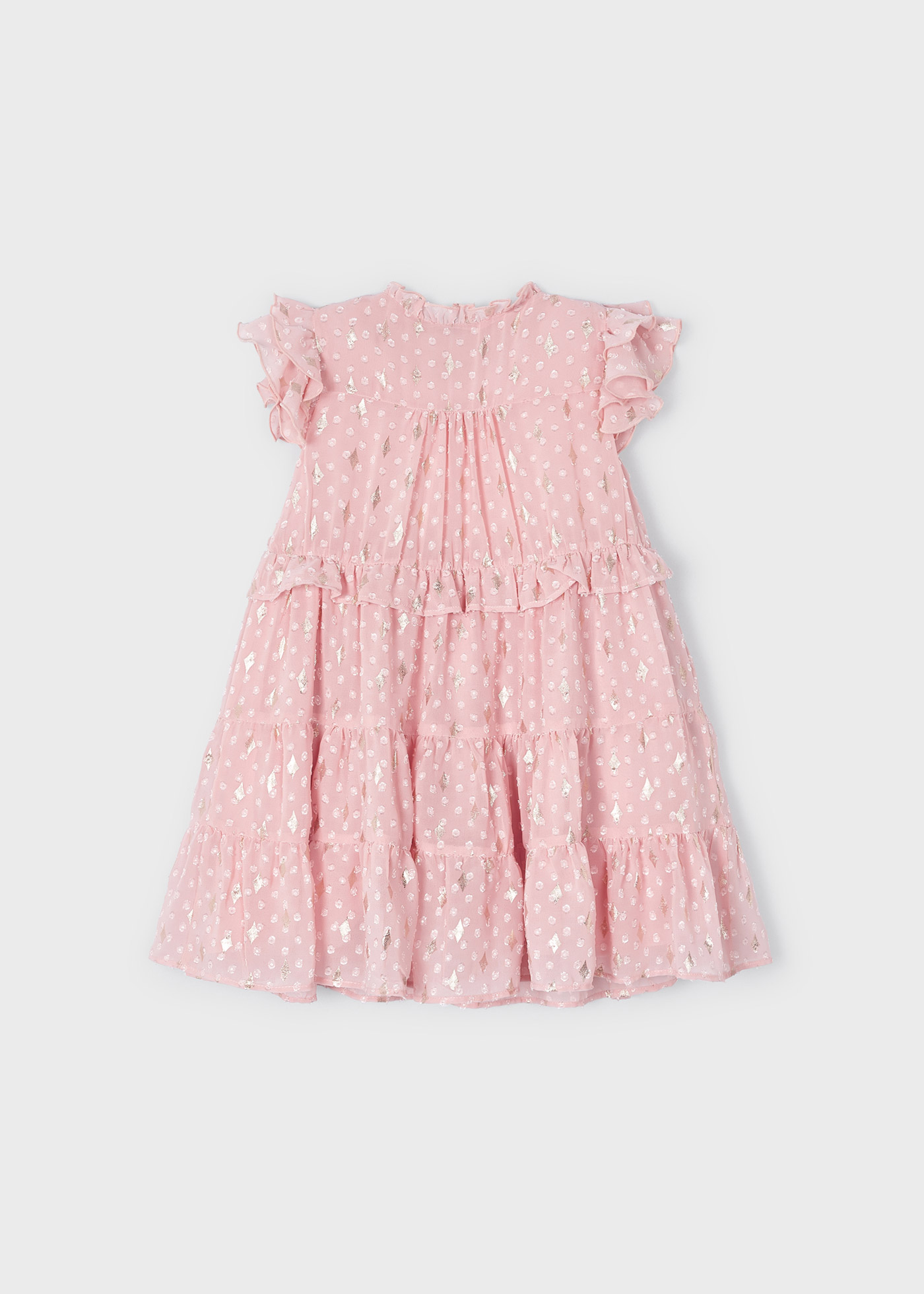 Vestido crepe plumetti com babados para meninas