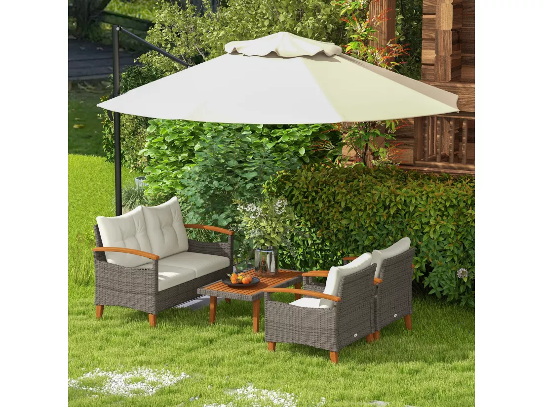 Ensemble salon de jardin 4 places 4 pcs style exotique coussins inclus résine bois acacia