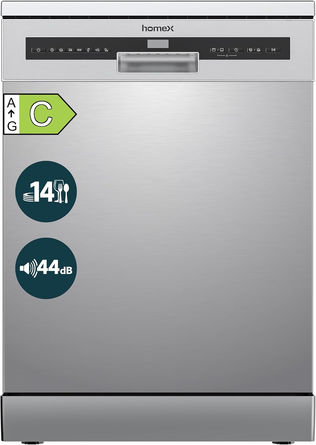 homeX Geschirrspüler 60 cm, Spülmaschine freistehend - 14 Maßgedecke, 7 Programme, AquaStop, Besteckschublade, 44 dB, Startvorwahl, Überlaufschutz, Automatische Türöffnung, Unterbaufähig, Silber