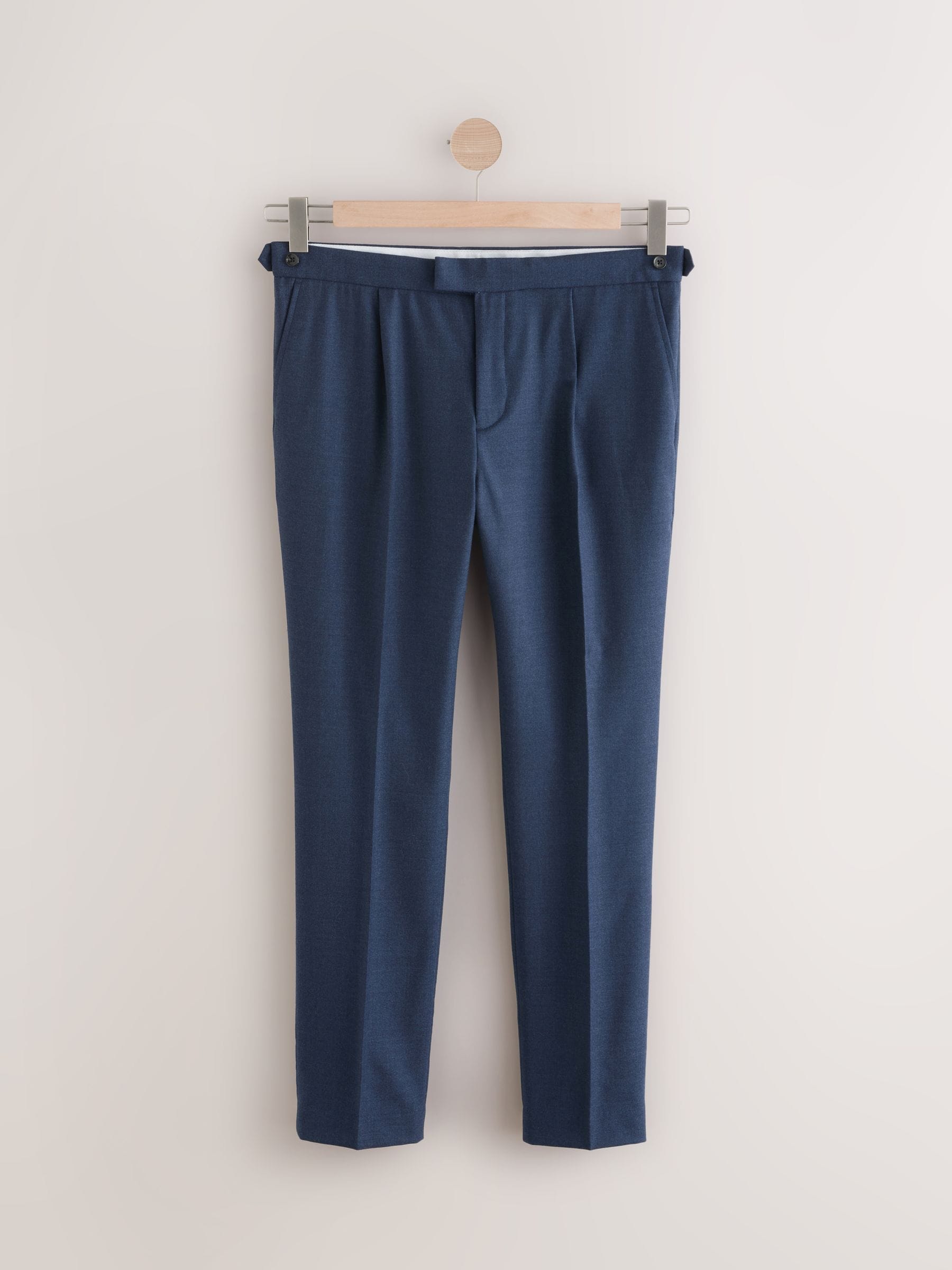 Marineblauw - Wollen Rijke Slim Textuur Broek Met Zijverstellers