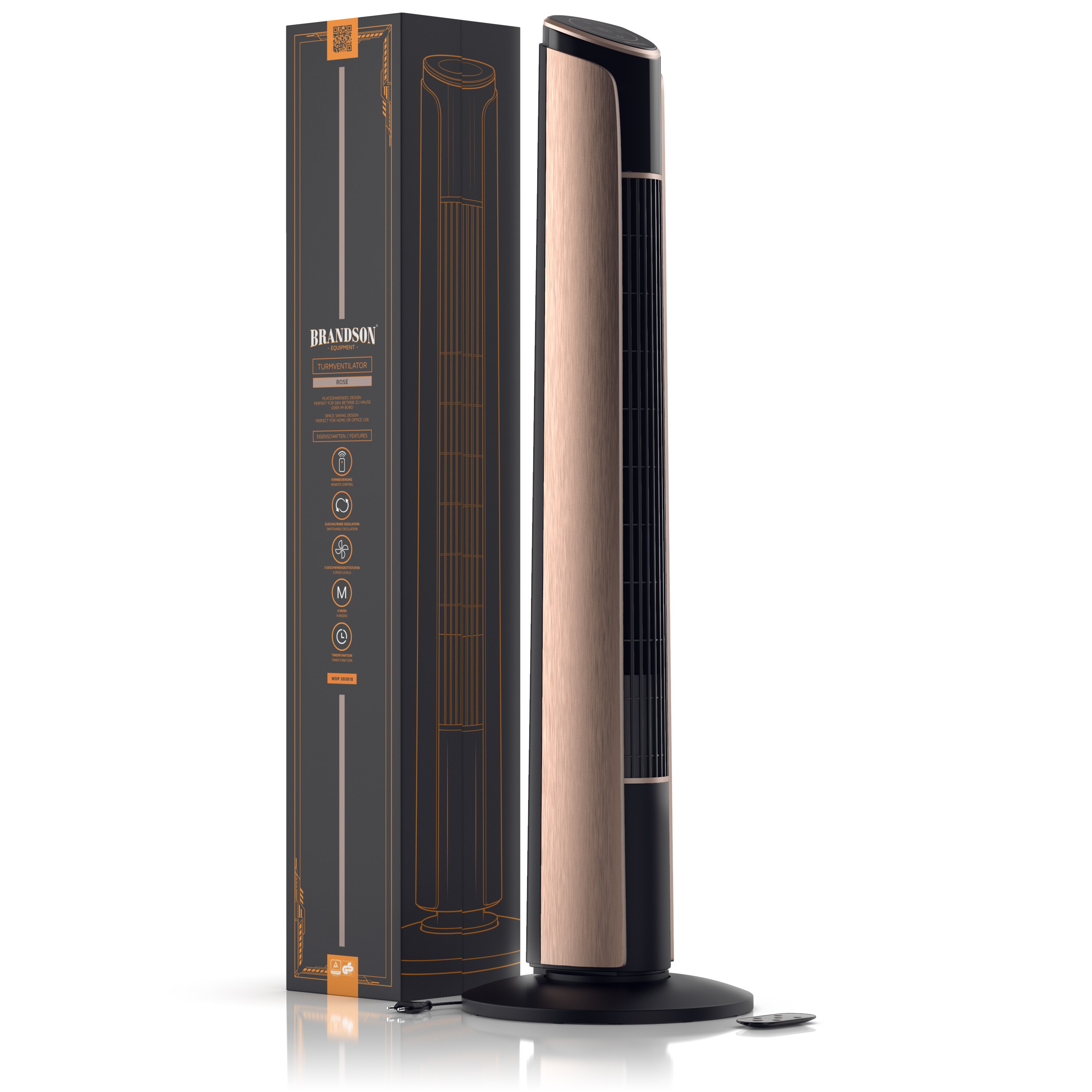 Brandson Turmventilator 108 cm, Ventilator 10 Grad neigbar, Standventilator, 65° oszillierend, 3 Geschwindigkeitsstufen, 4 Lüftungs-Modi