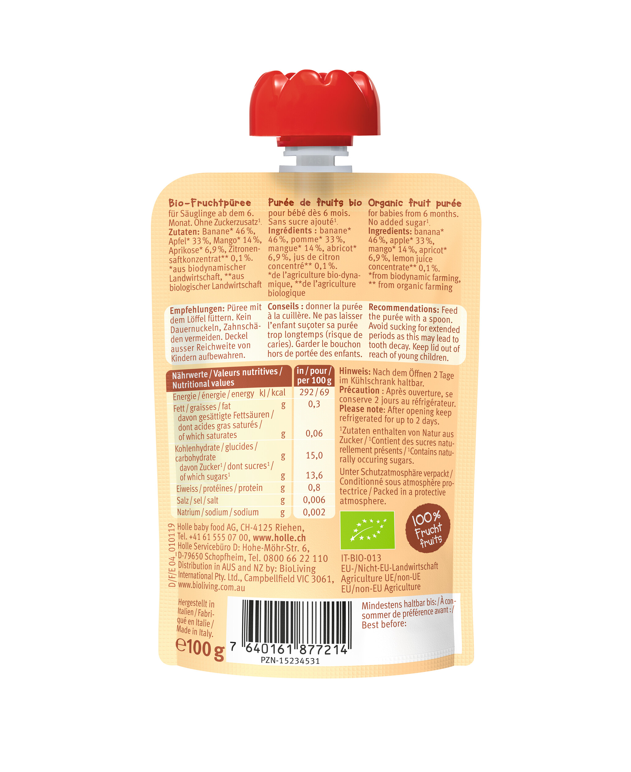 HOLLE Banan Lama Pouchy Banane Apfel Mango & Aprikose 100 g
